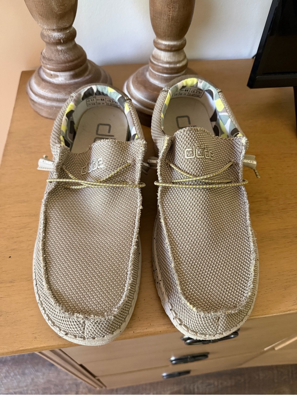 Hey Dude Men’s Slip-On Shoes in Khaki with Yellow Accent